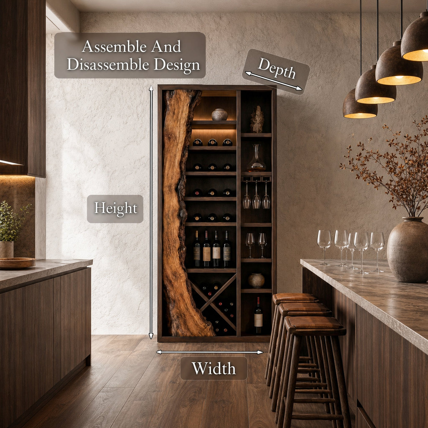 Rustic Wine Cabinet With Live Edge Wood Inlay And Built In Bottle Storage For Dining Room - product view 8