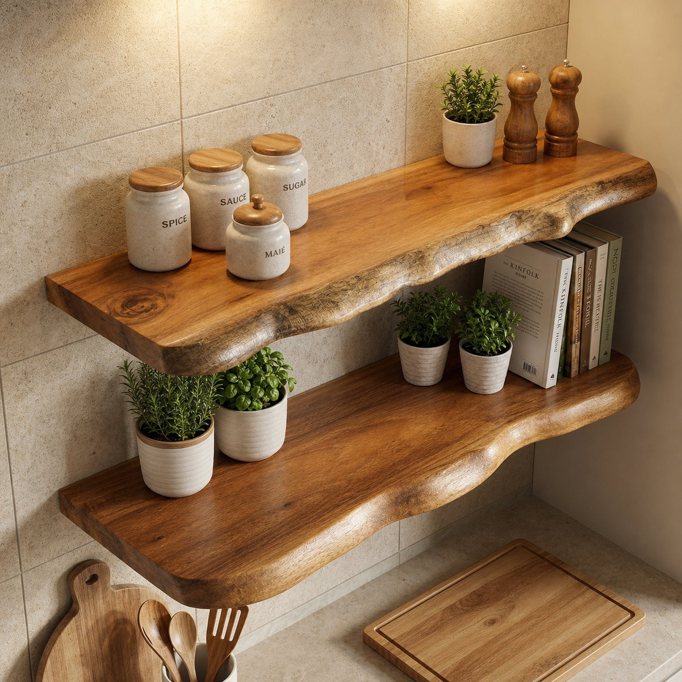 Rustic Wooden Floating Shelves For Kitchen Wall Storage And Home Organization