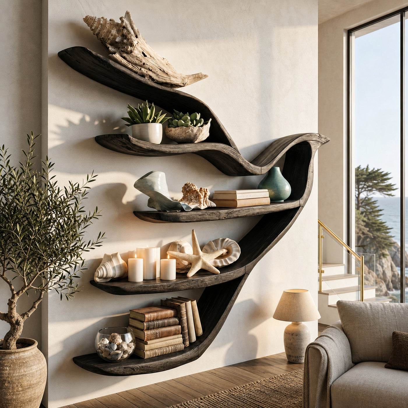 Sculptural Bookcase With Organic Open Shelving For Living Room Decor