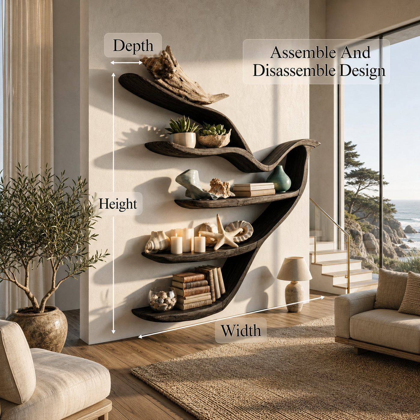 Sculptural Bookcase With Organic Open Shelving For Living Room Decor - product view 8