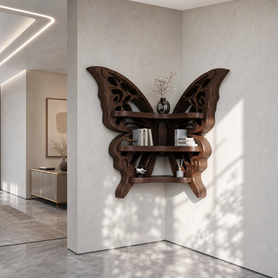 Sculptural Butterfly Floating Shelf With Handcrafted Solid Wood Design For Living Room