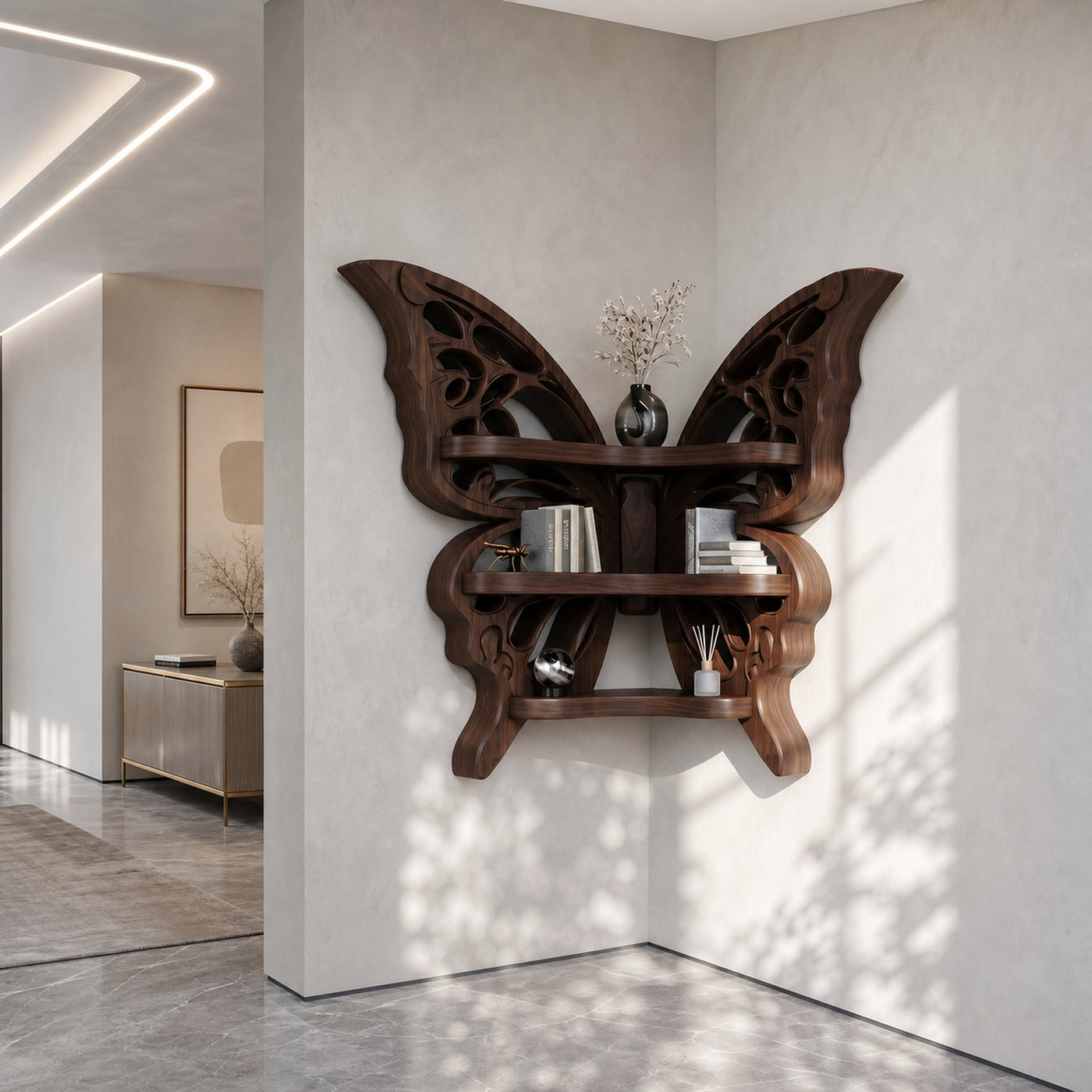 Sculptural Butterfly Floating Shelf With Handcrafted Solid Wood Design For Living Room