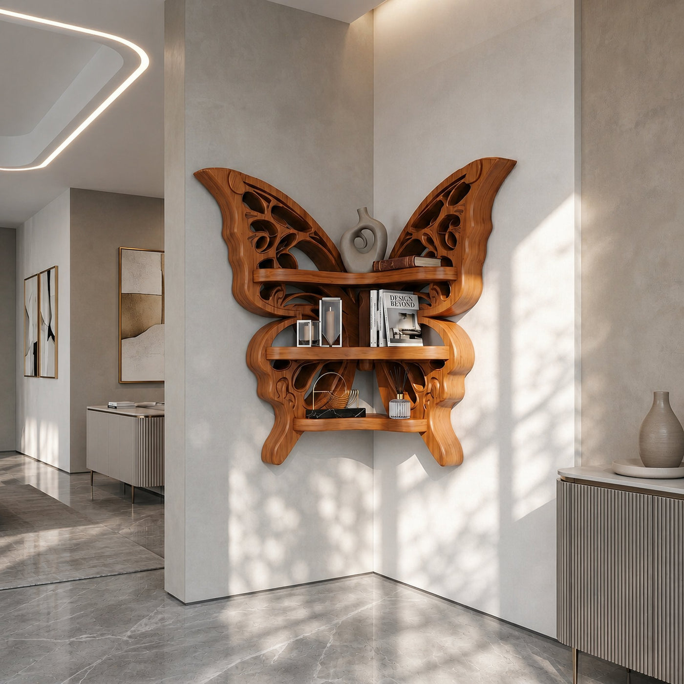 Sculptural Butterfly Floating Shelf With Handcrafted Solid Wood Design For Living Room - product view 6