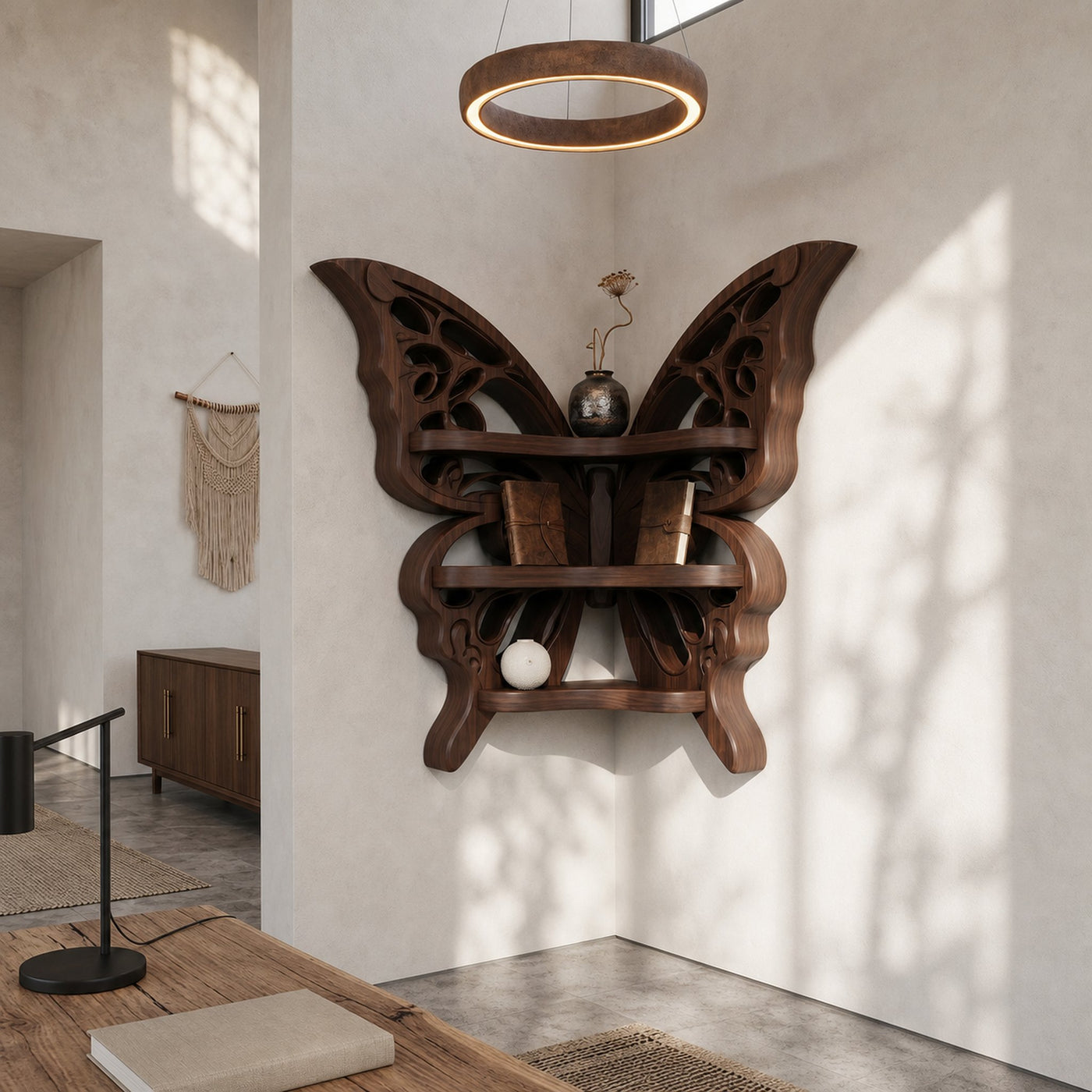 Sculptural Butterfly Floating Shelf With Handcrafted Solid Wood Design For Living Room - product view 7
