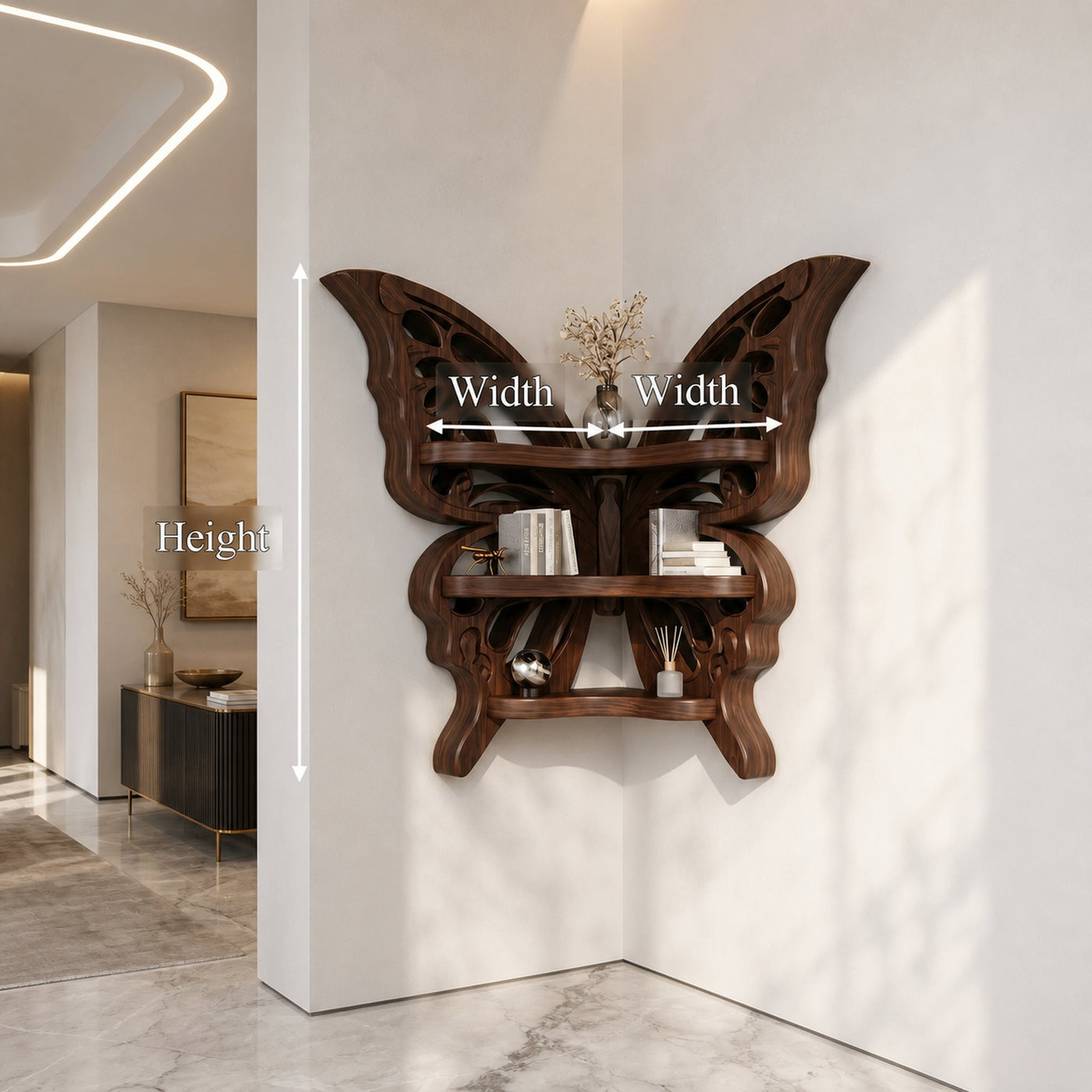 Sculptural Butterfly Floating Shelf With Handcrafted Solid Wood Design For Living Room - product view 8