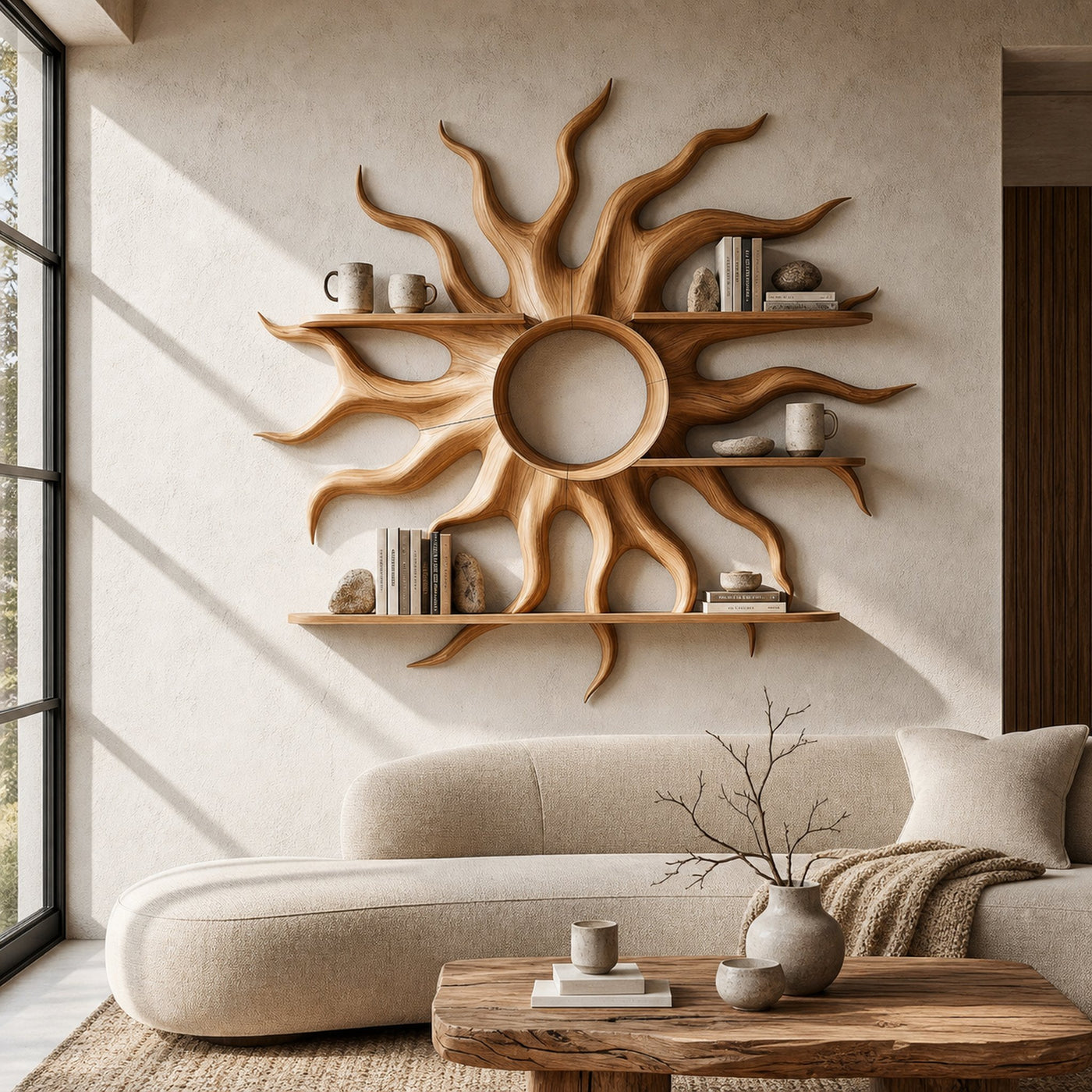 Sculptural Sun Wall Shelf With Floating Shelf For Home Decor