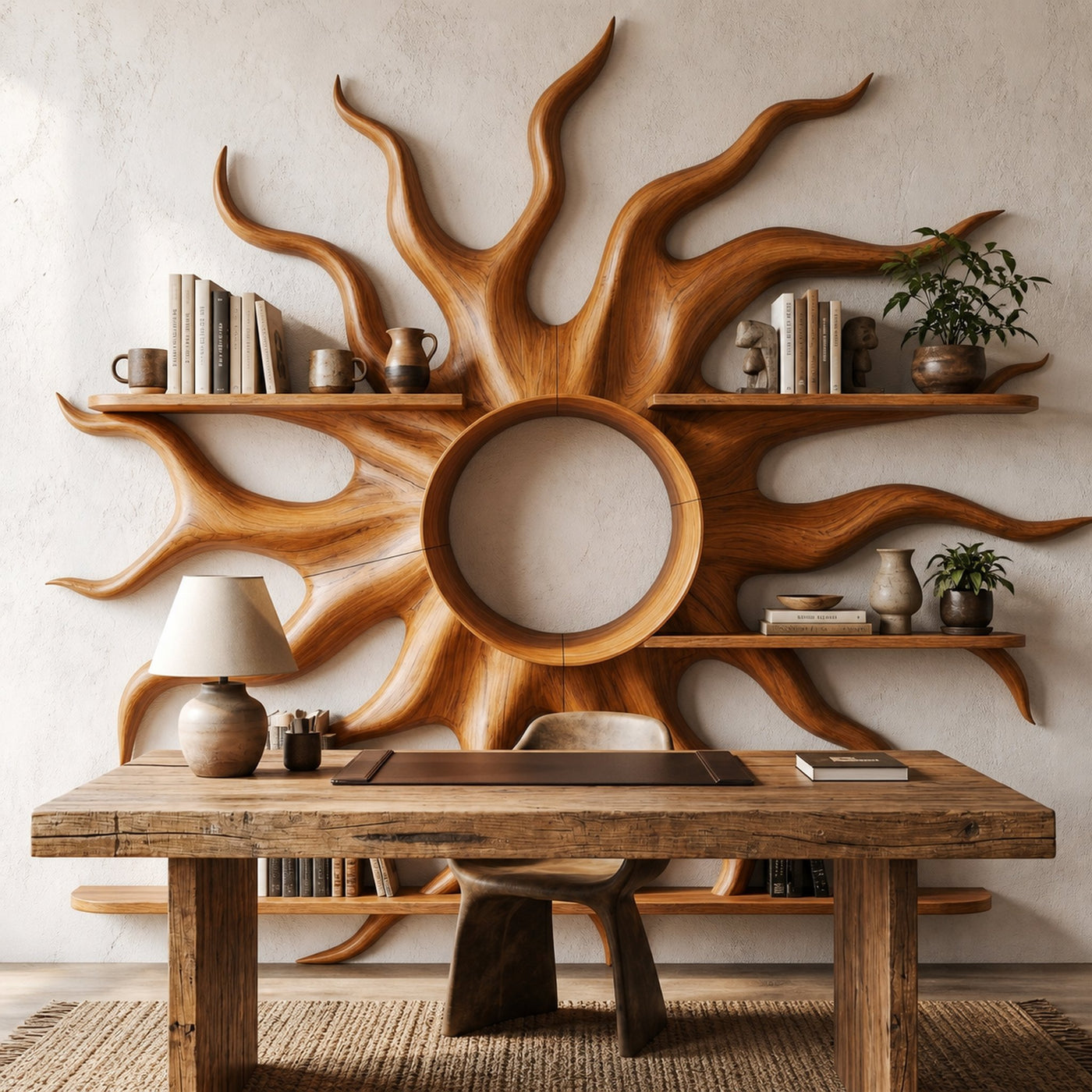 Sculptural Sun Wall Shelf With Floating Shelf For Home Decor - product view 6