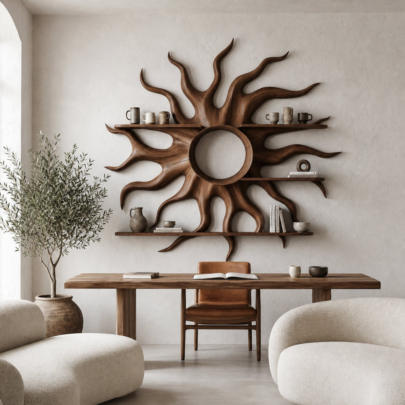 Sculptural Sun Wall Shelf With Floating Shelf For Home Decor - product view 7