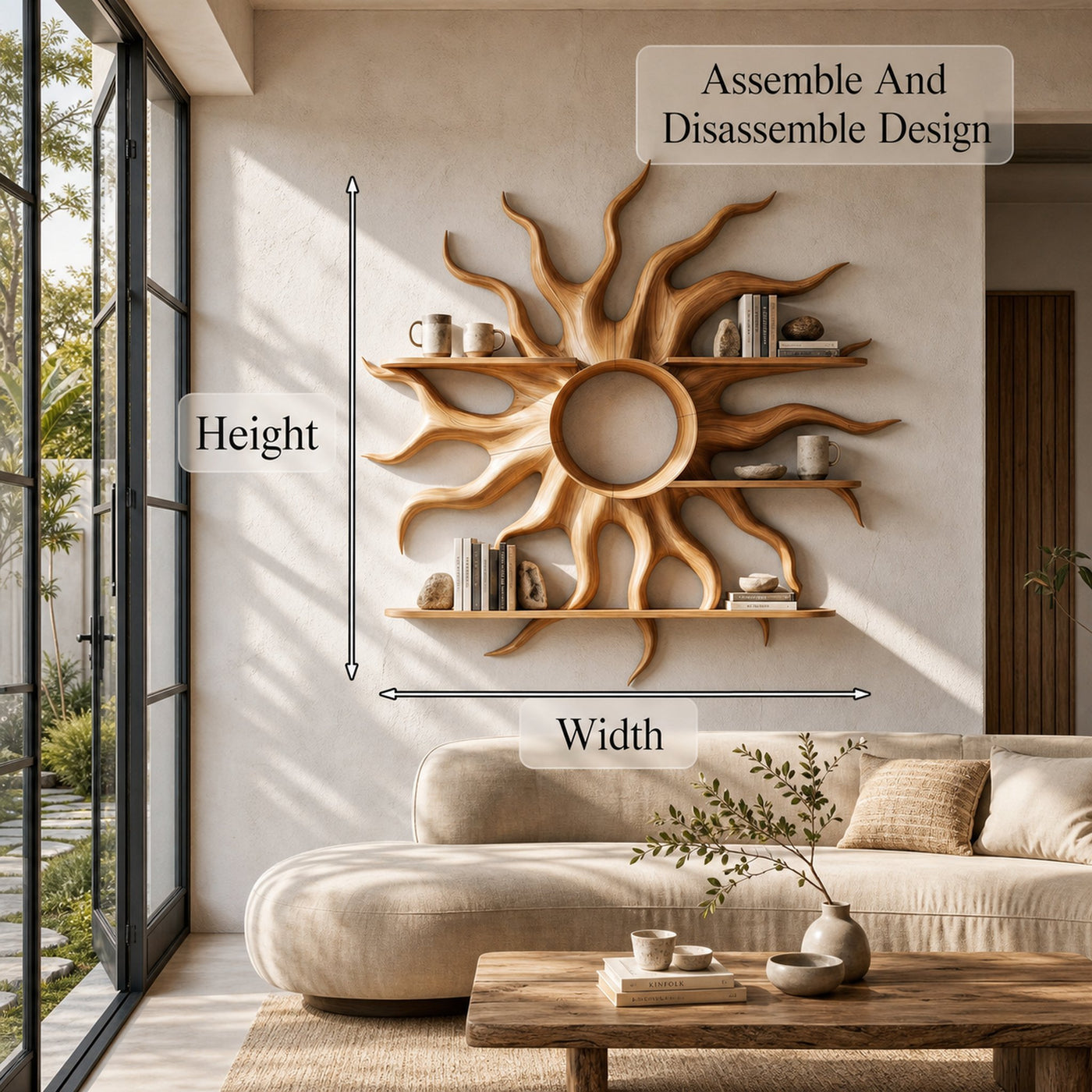 Sculptural Sun Wall Shelf With Floating Shelf For Home Decor - product view 8