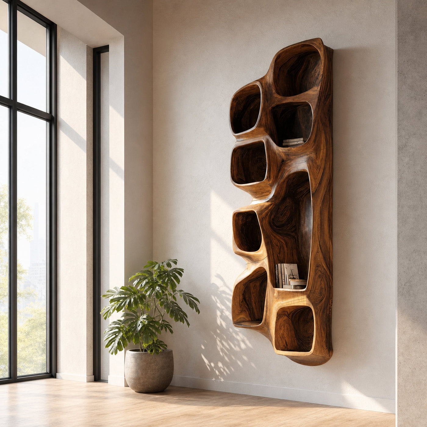 Sculptural Wall Shelf With Curved Compartments For Living Room