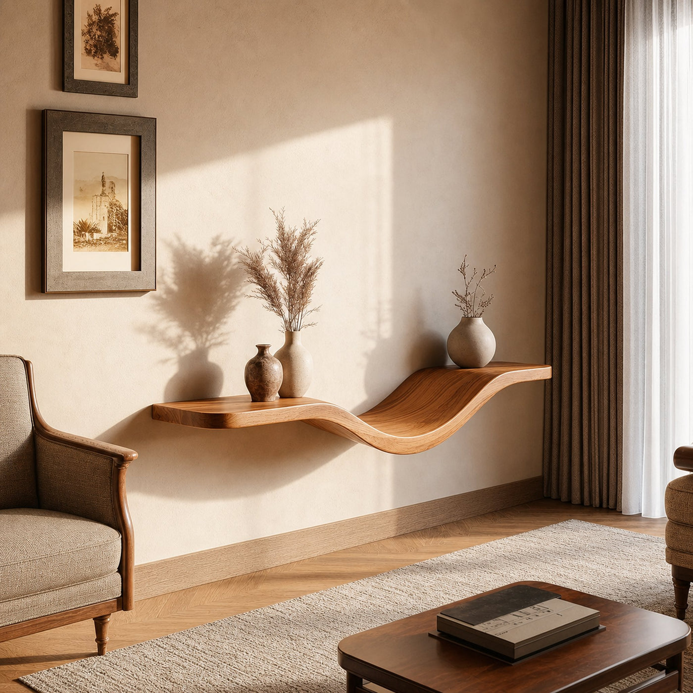 Sculptural Wavy Floating Shelf Wall Mounted Decor For Living Room