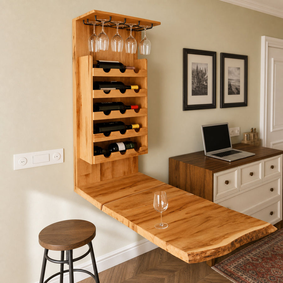 Wall Mounted Wine Rack With Folding Live Edge Table For Kitchen Or Bar
