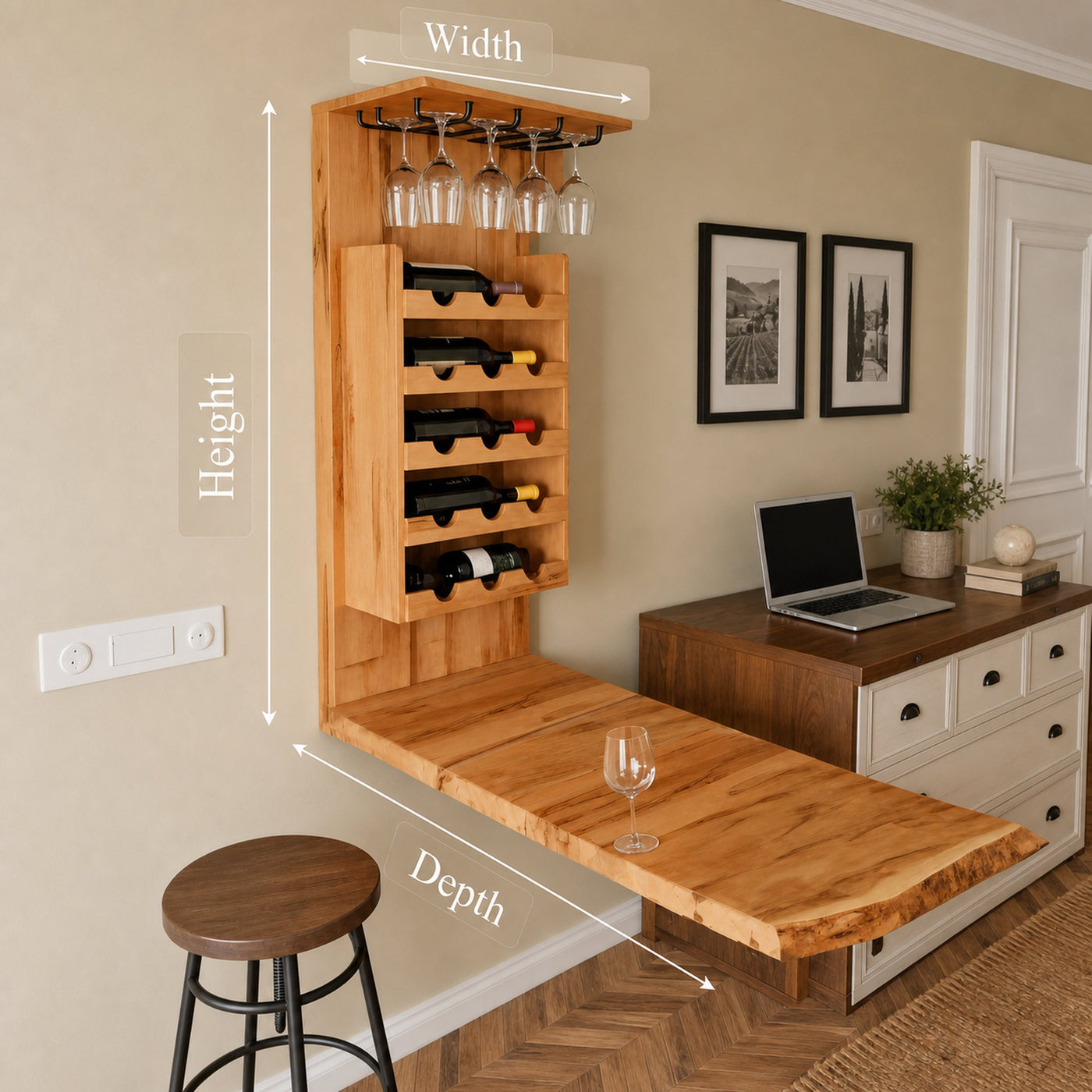 Wall Mounted Wine Rack With Folding Live Edge Table For Kitchen Or Bar - product view 6