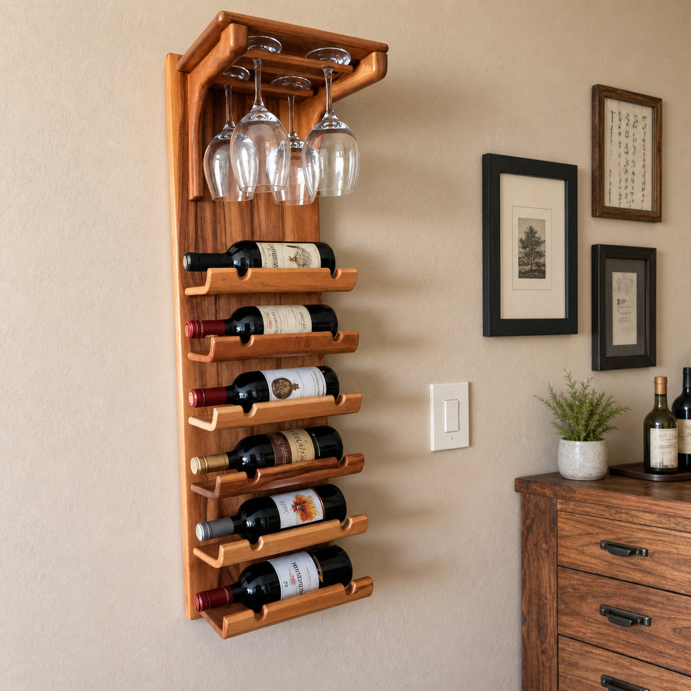 Wall Mounted Wooden Wine Rack With Glass Holder For Kitchen Or Home Bar