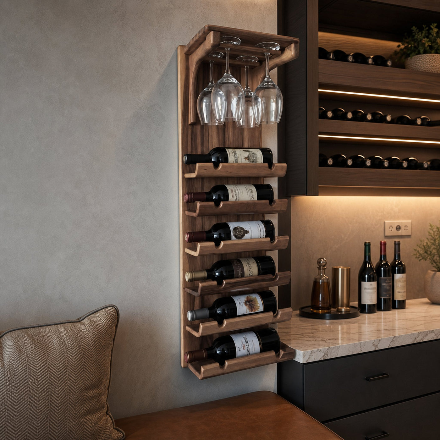 Wall Mounted Wooden Wine Rack With Glass Holder For Kitchen Or Home Bar - product view 7
