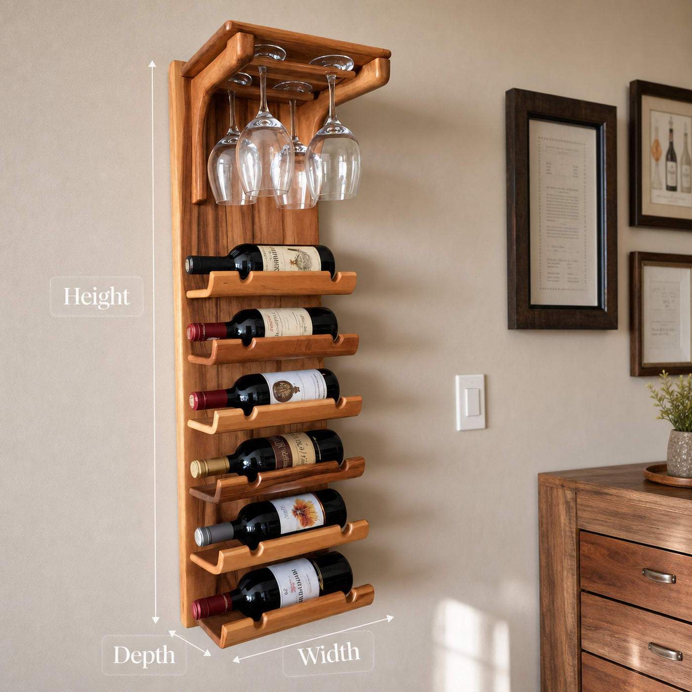 Wall Mounted Wooden Wine Rack With Glass Holder For Kitchen Or Home Bar - product view 8