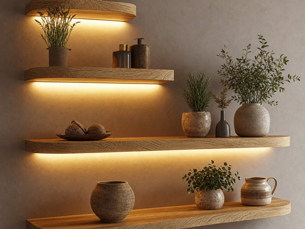 Warm Light Solid Wood Floating Shelves Modern Wall Display Interior