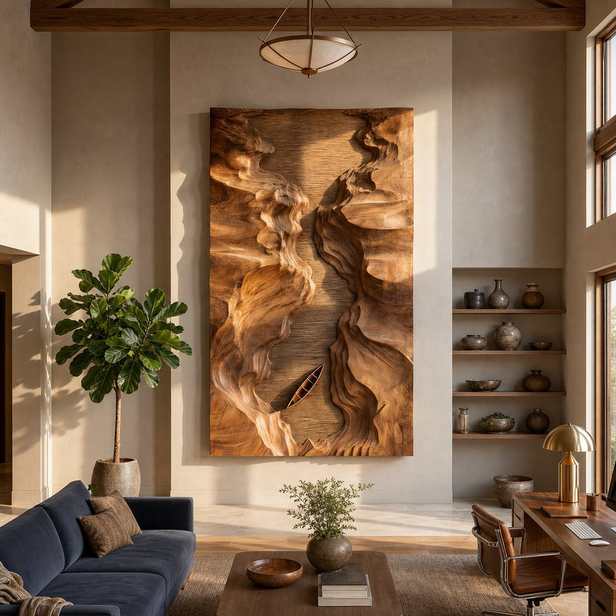 Abstract Canyon Wood Wall Sculpture For Modern Office Interior Decor