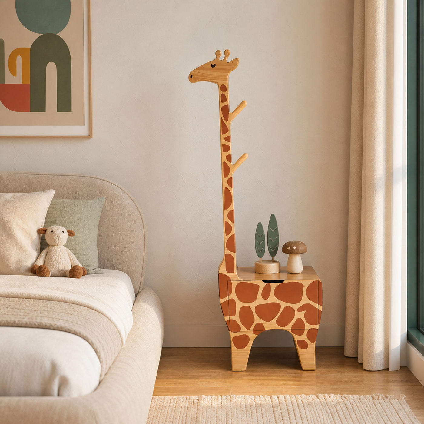 Adorable Giraffe Nightstand With Hooks And Drawer For Kids Room And Nursery