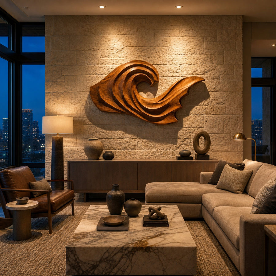 Artistic Wave Inspired Wood Wall Art For Apartment Interior