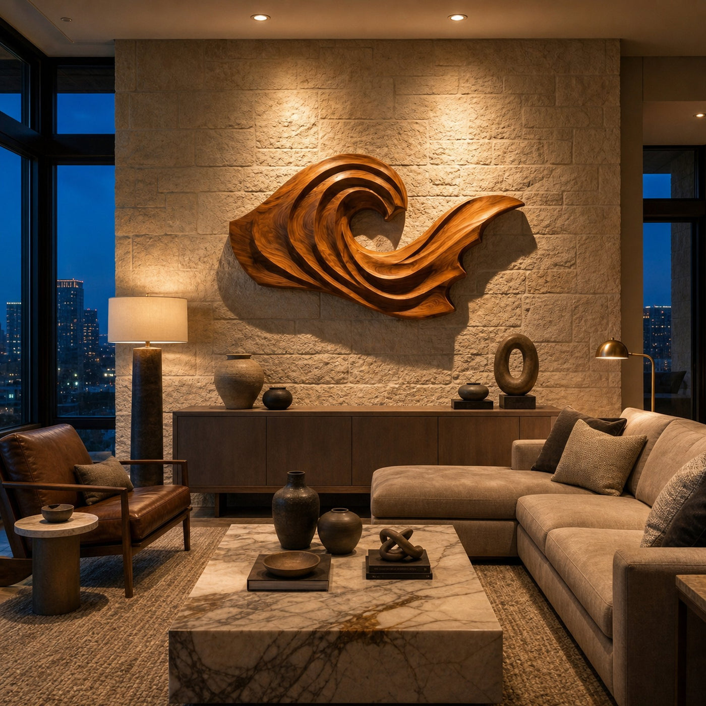 Artistic Wave Inspired Wood Wall Art For Apartment Interior
