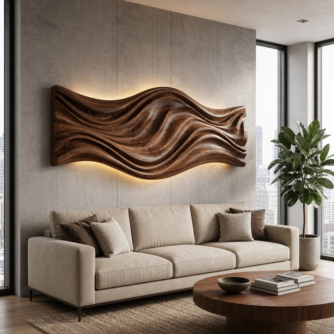 Artistic Wood Wall Art With Carved Wavy For Family Room