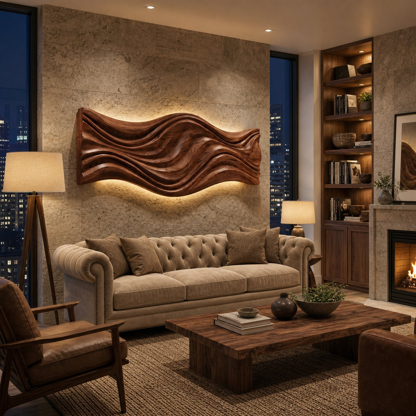 Artistic Wood Wall Art With Carved Wavy For Family Room - product view 7