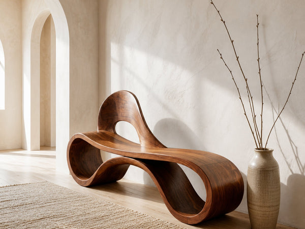 Artistic Wooden Bench With Flowing Sculpture For Luxury Interior