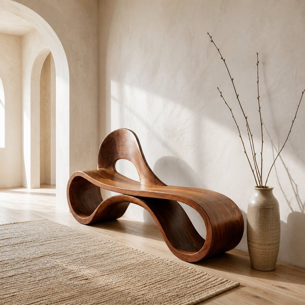 Artistic Wooden Bench With Flowing Sculpture For Luxury Interior