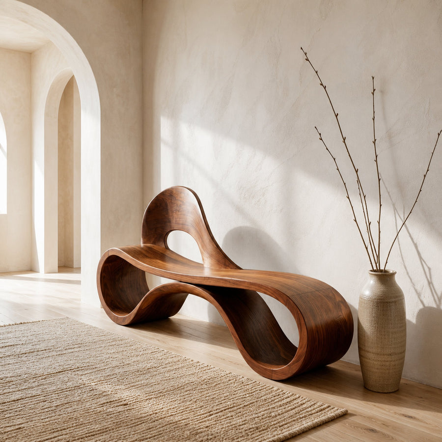 Artistic Wooden Bench With Flowing Sculpture For Luxury Interior