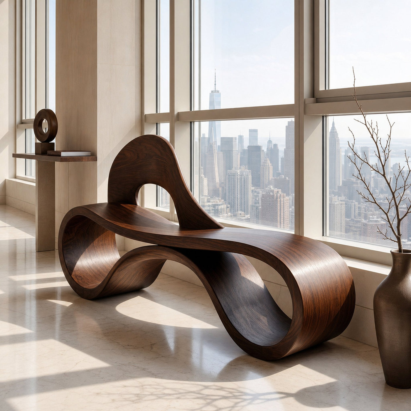 Artistic Wooden Bench With Flowing Sculpture For Luxury Interior - product view 7