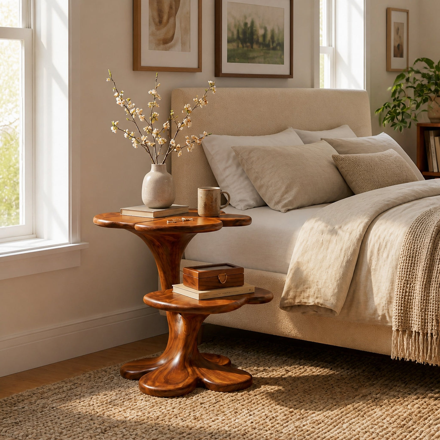 Artistic Wooden Nightstand With Sculptural Multi Tier For Bedroom