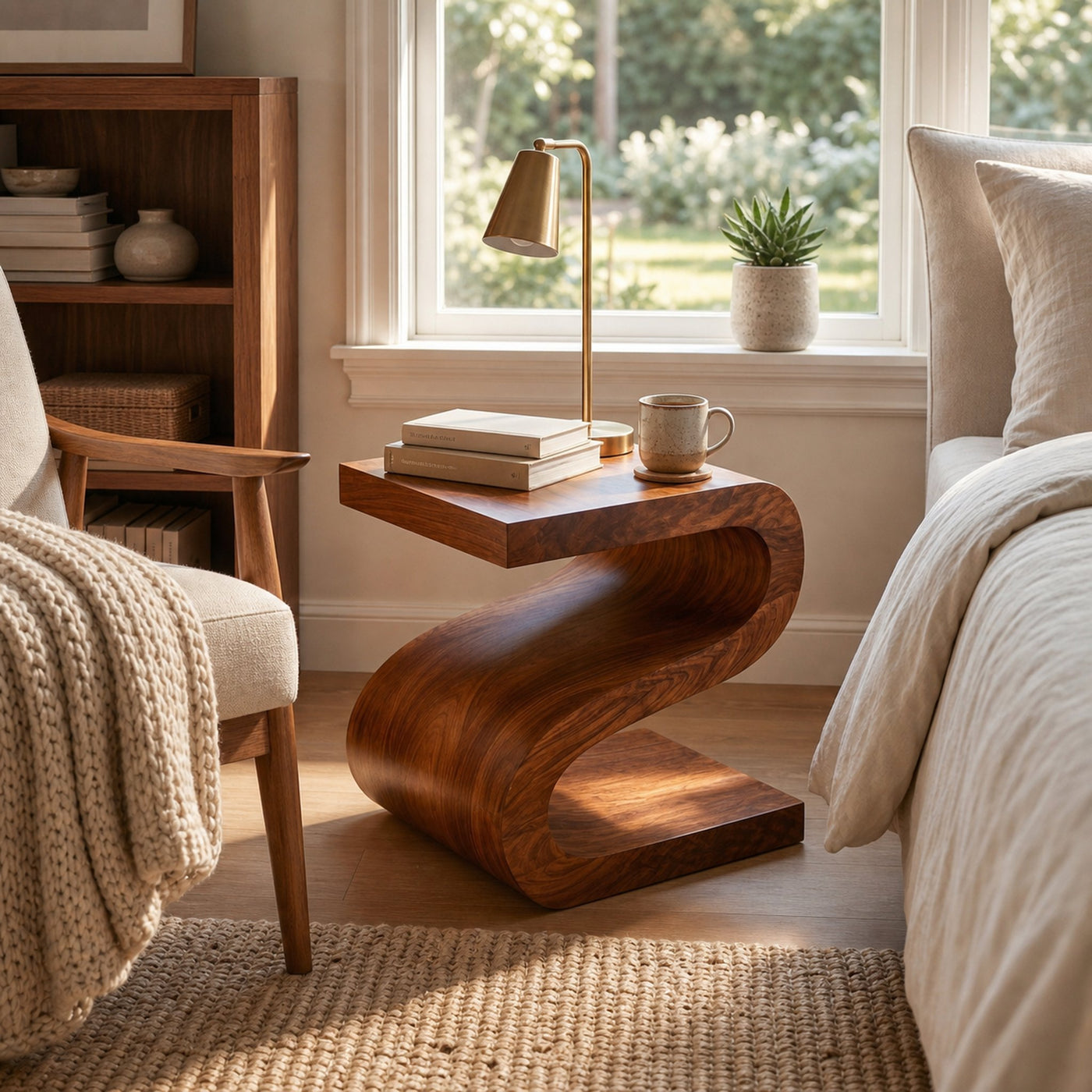 Artistic Wooden Nightstand With Undulating Shape For Bedroom