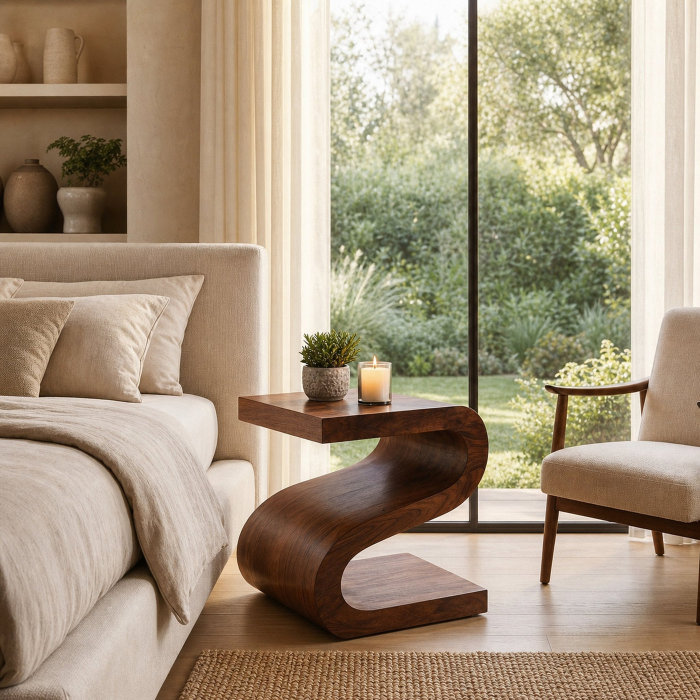 Artistic Wooden Nightstand With Undulating Shape For Bedroom - product view 7