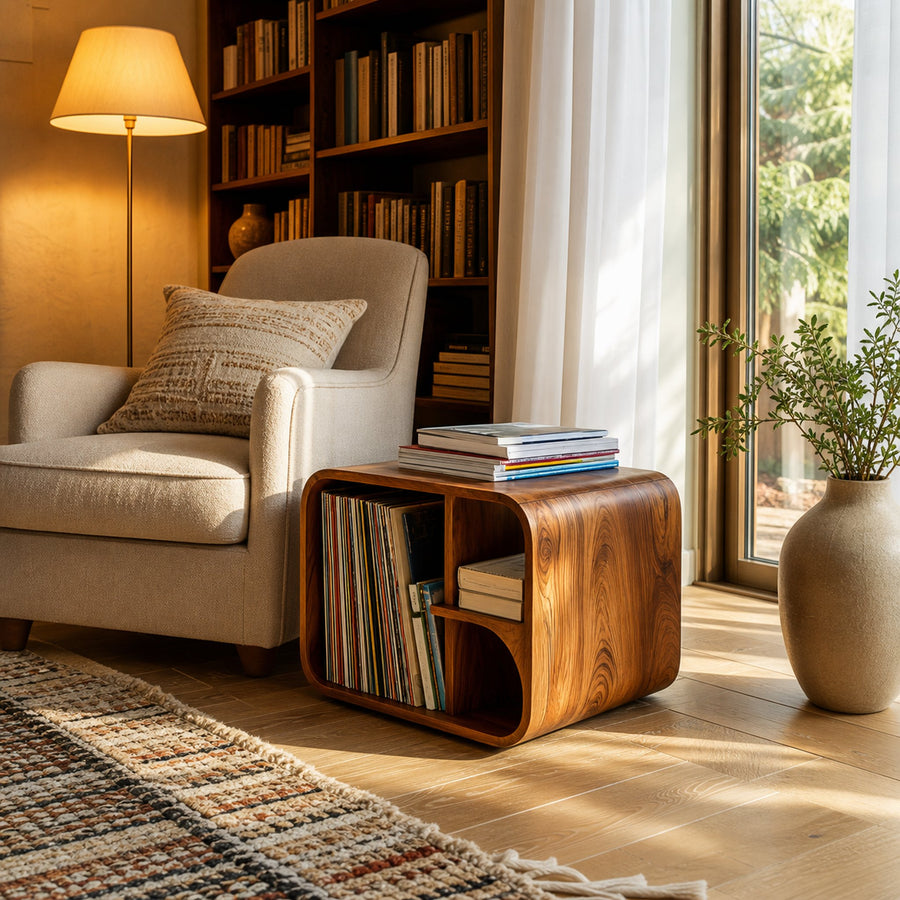 Artistic Wooden Side Table With Storage For Living Room