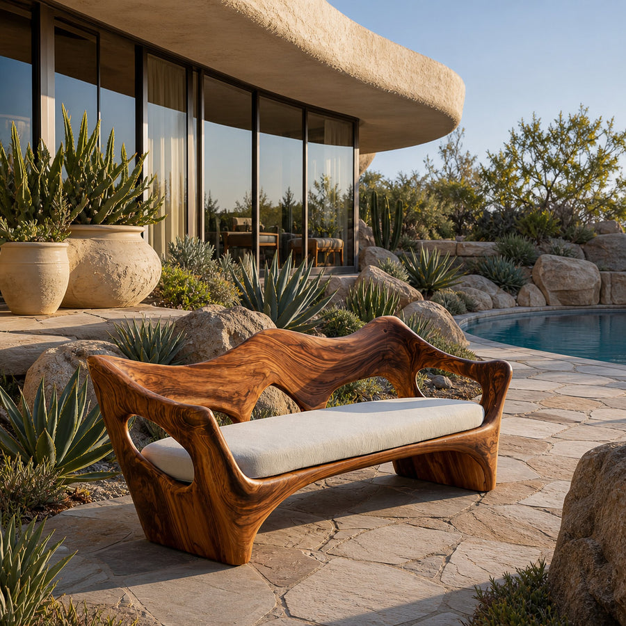 Artistic Wooden Sofa With Curved Backrest For Home Space