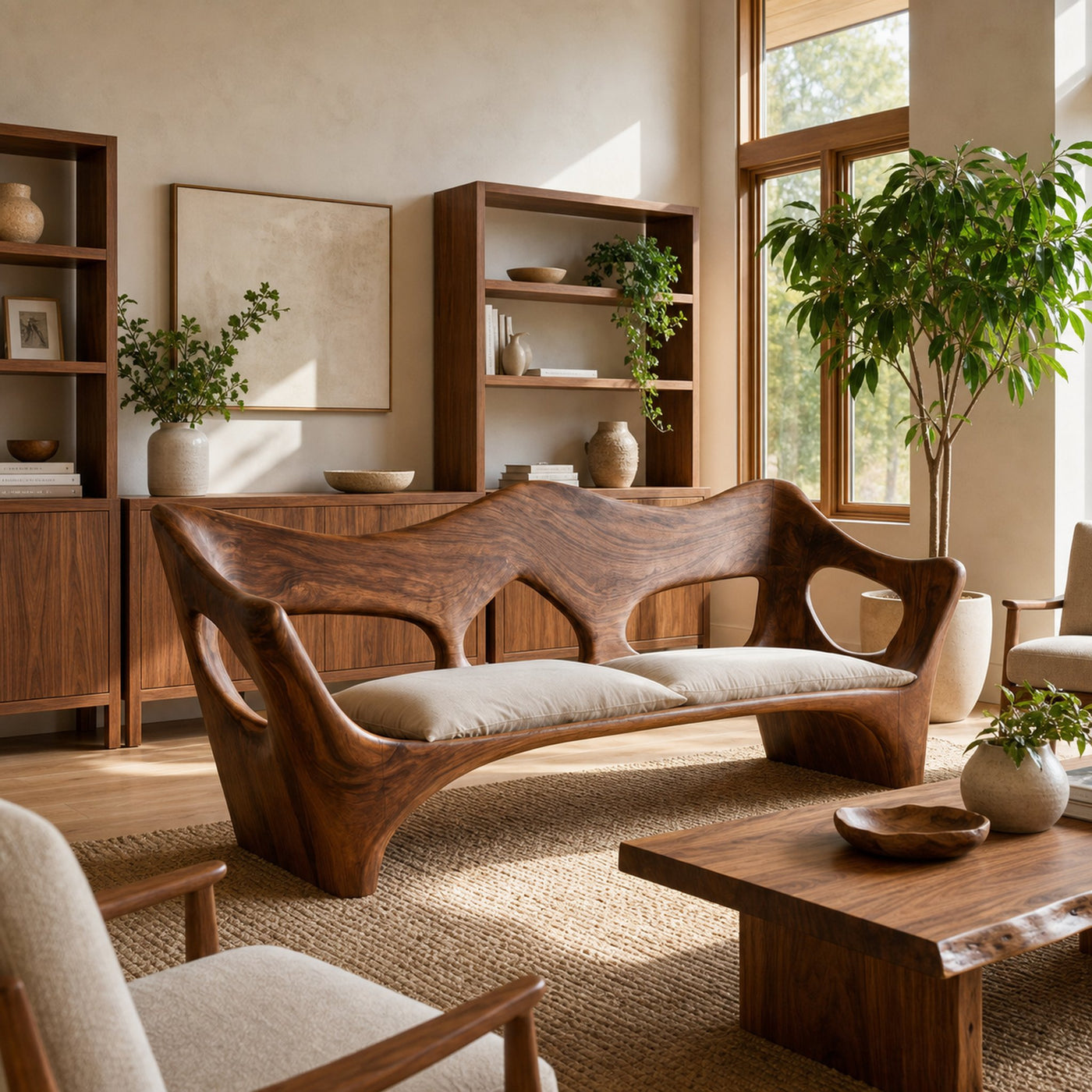 Artistic Wooden Sofa With Curved Backrest For Home Space - product view 7