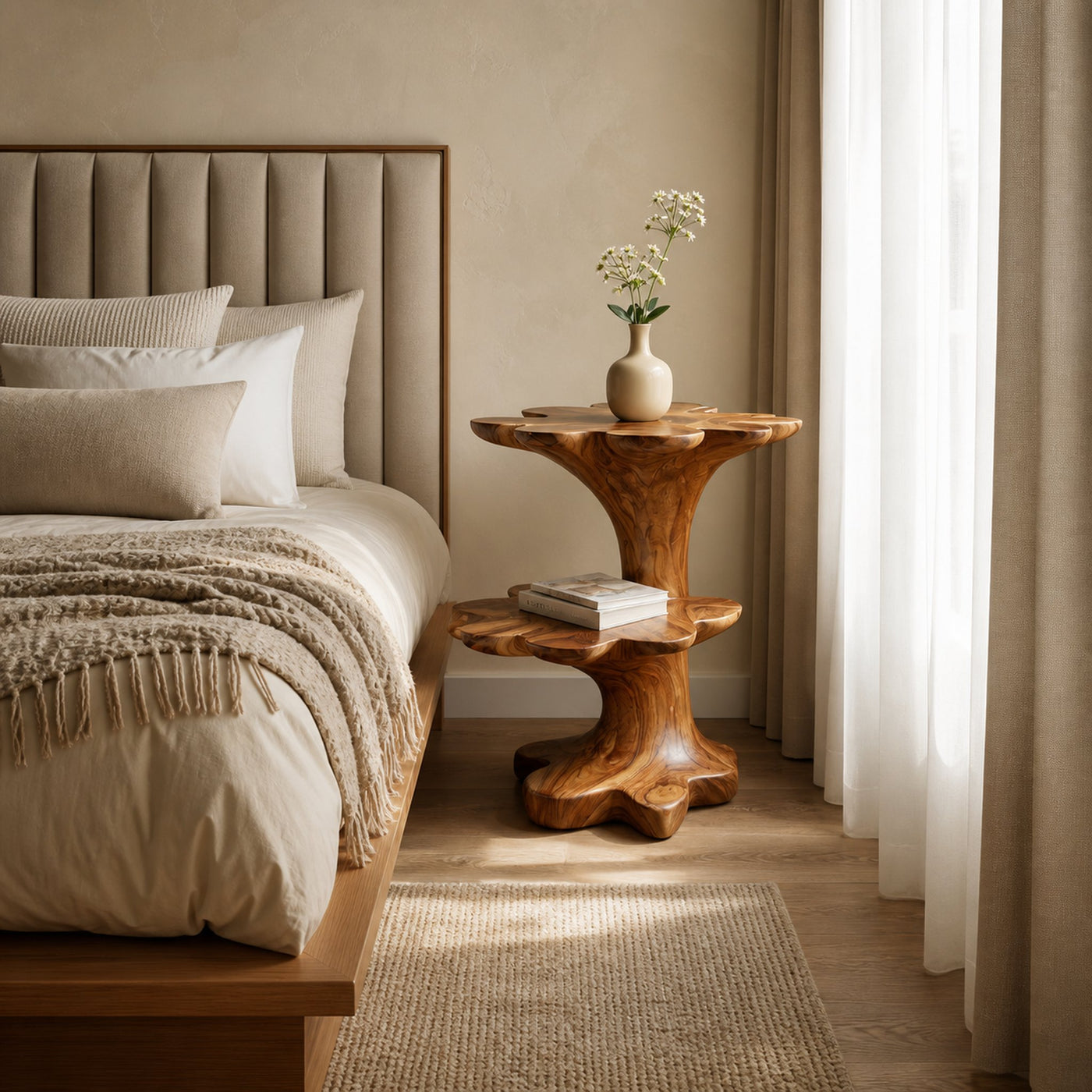Artistic Wooden Two Tier Nightstand Sculptural Base For Bedroom