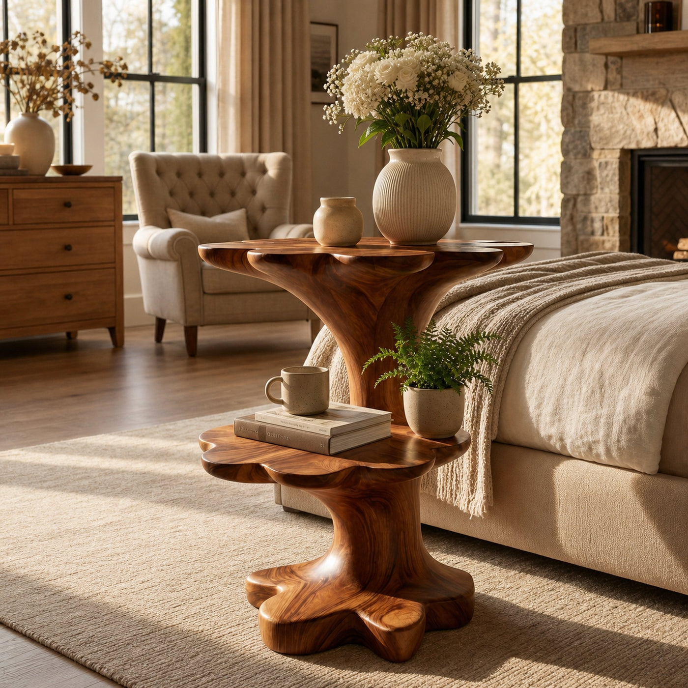 Artistic Wooden Two Tier Nightstand Sculptural Base For Bedroom - product view 6