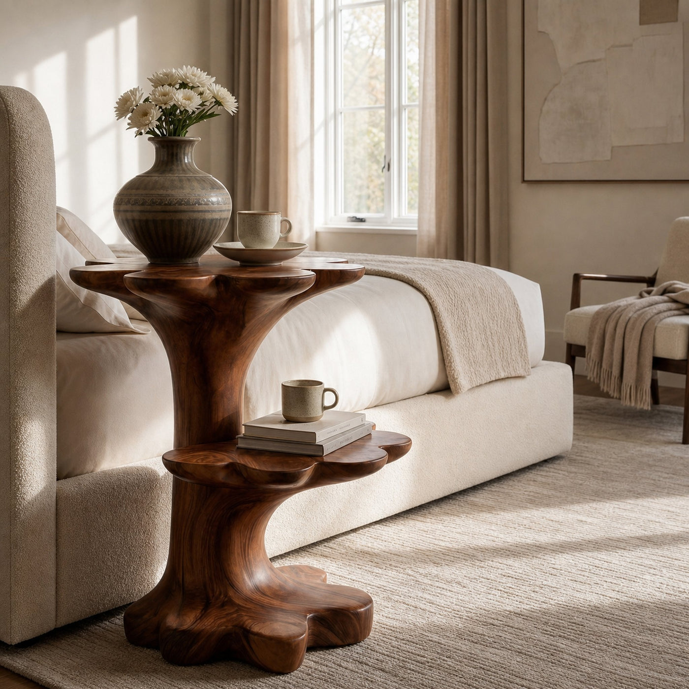 Artistic Wooden Two Tier Nightstand Sculptural Base For Bedroom - product view 7