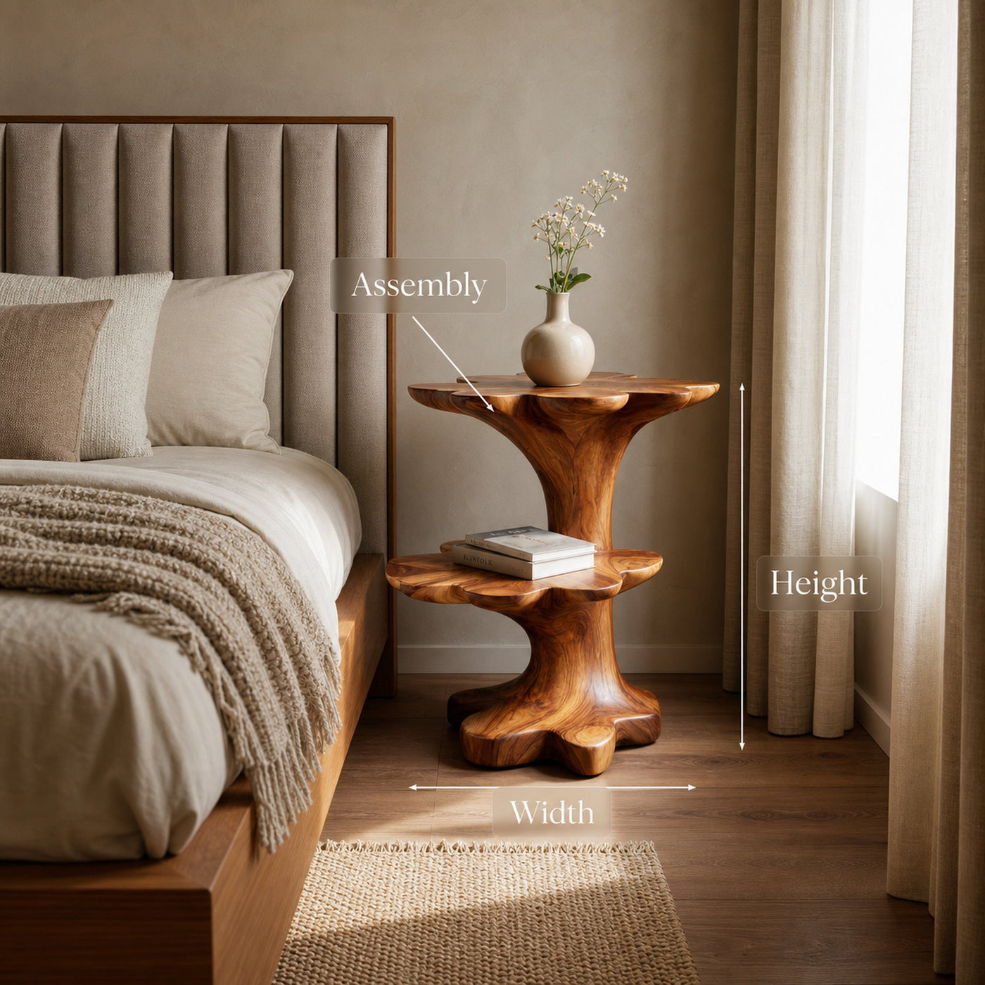 Artistic Wooden Two Tier Nightstand Sculptural Base For Bedroom - product view 8