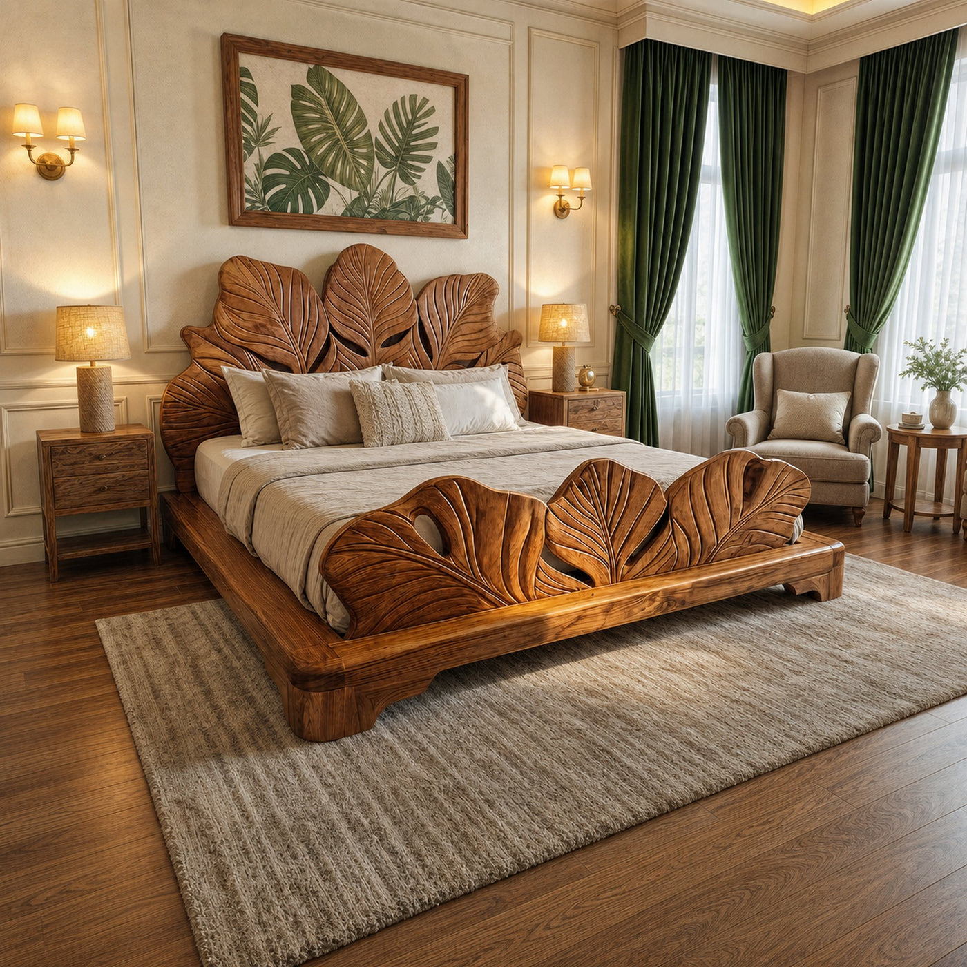 Boho Rattan Platform Bed Frame For Bedroom And Guest Room Space