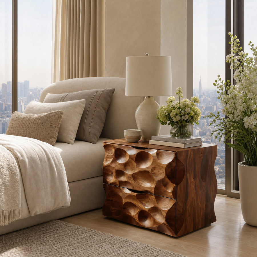 Carved Nightstand With Two Drawers For Bedroom