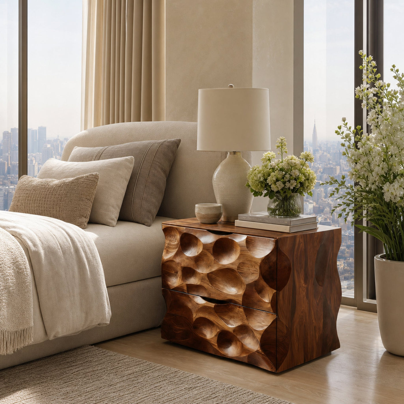 Carved Nightstand With Two Drawers For Bedroom
