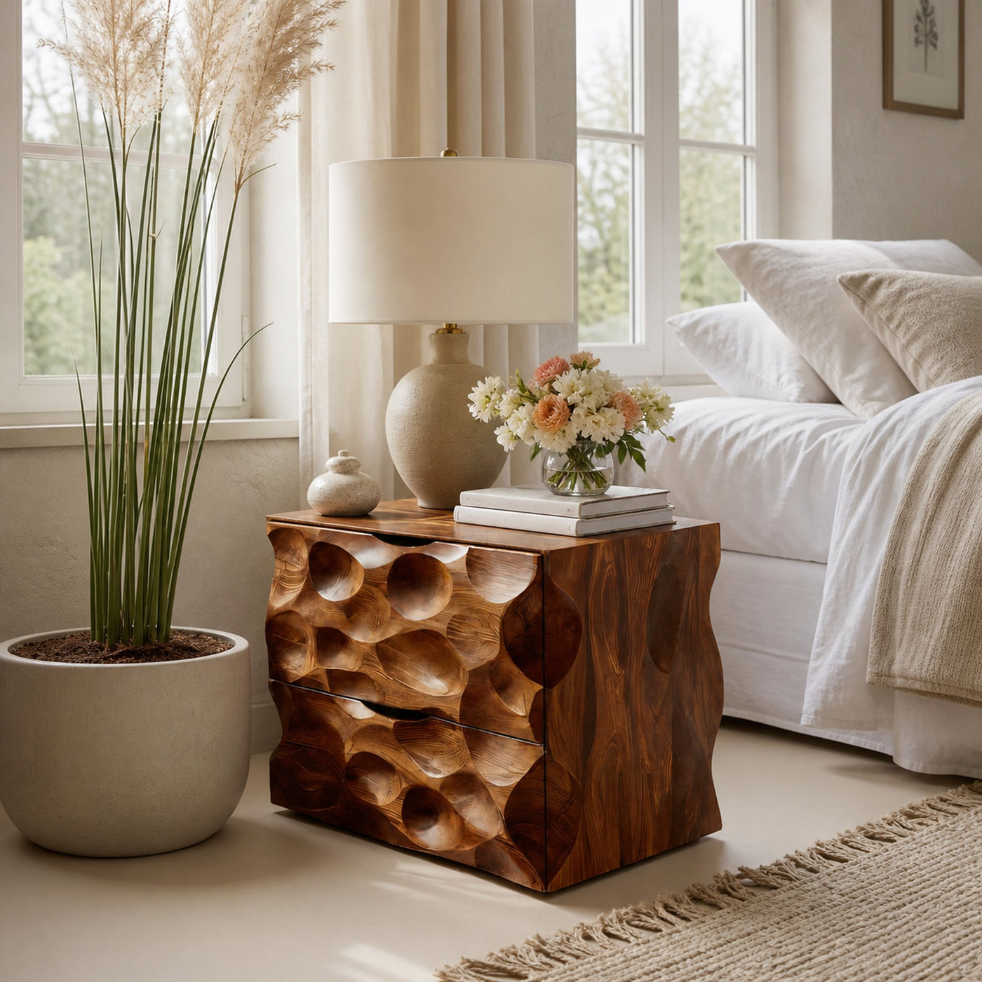 Carved Nightstand With Two Drawers For Bedroom - product view 6