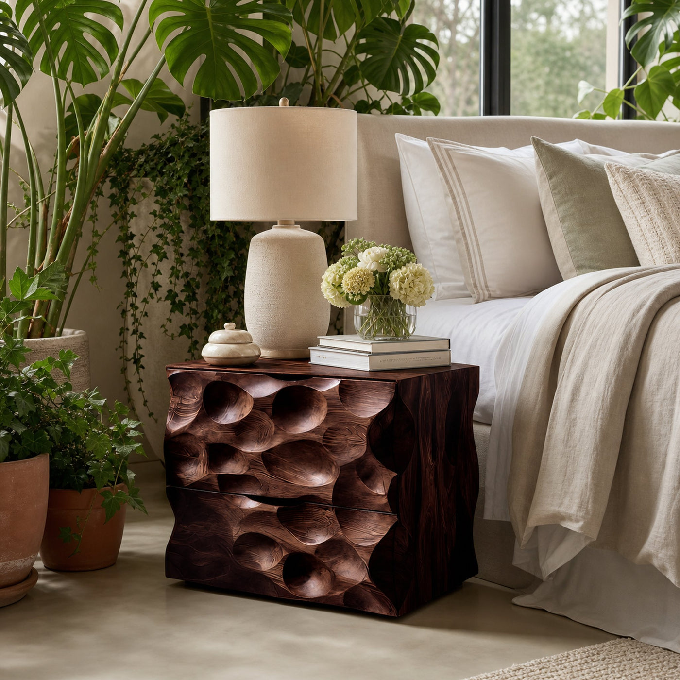 Carved Nightstand With Two Drawers For Bedroom - product view 7