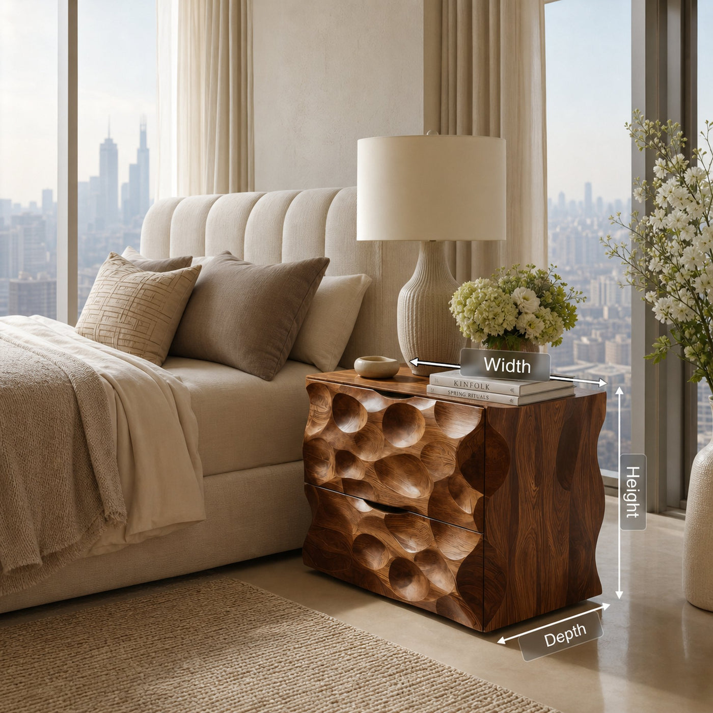 Carved Nightstand With Two Drawers For Bedroom - product view 8