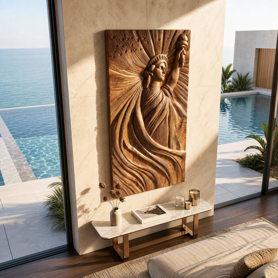 Coastal Modern Liberty Statue Wood Wall Art Luxury Villa Bedroom