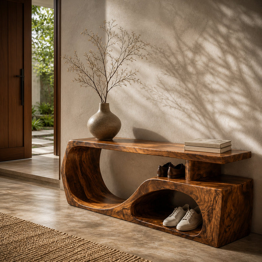 Contemporary Bench With Curved Open Shoe Storage For Entryway And Living Room