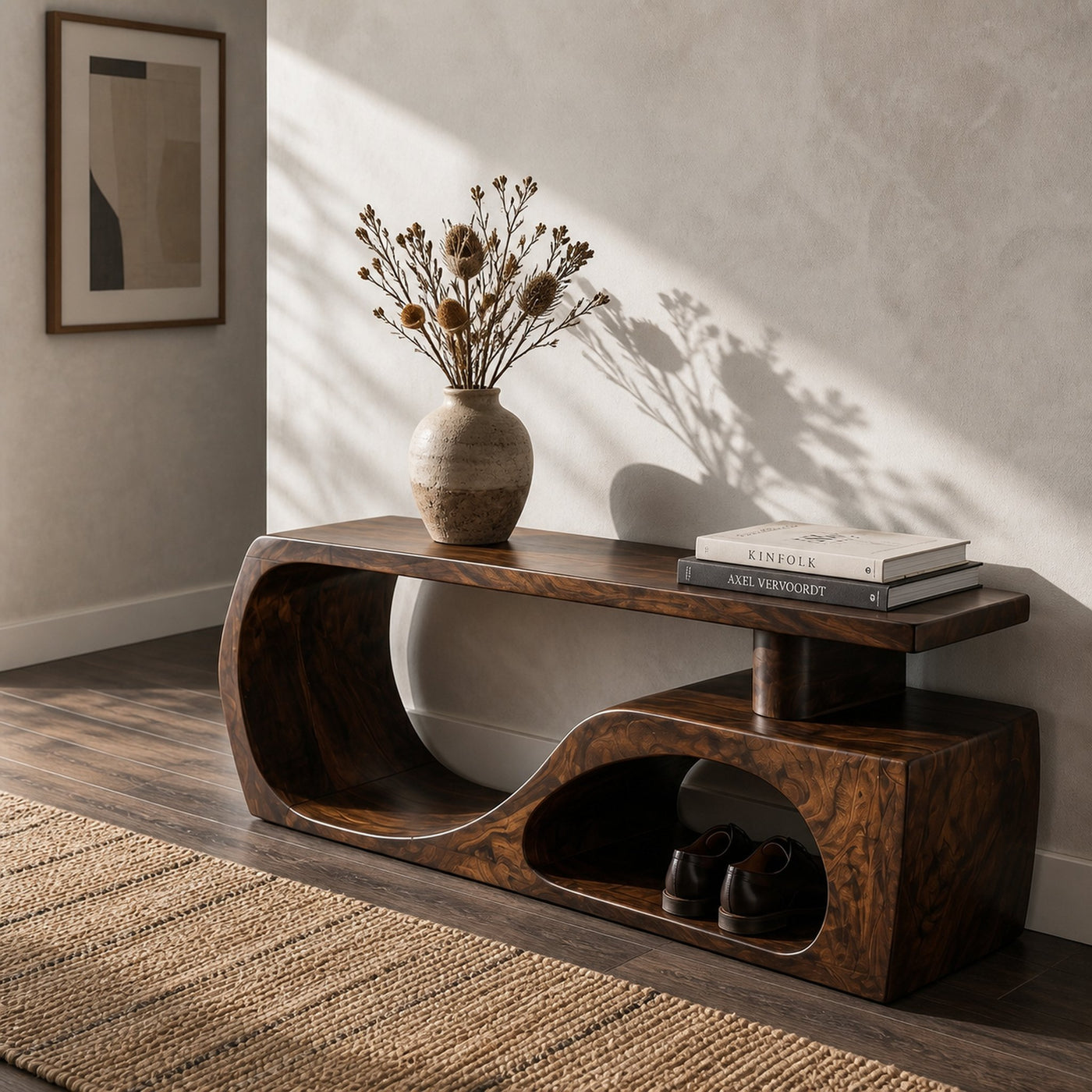 Contemporary Bench With Curved Open Shoe Storage For Entryway And Living Room - product view 7